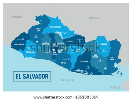 El Salvador country political map. Detailed illustration with isolated regions, provinces, departments, states and cities easy to ungroup.