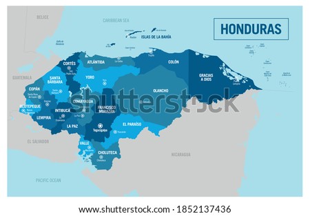 Honduras country political map. Detailed illustration with isolated regions, provinces, departments, states and cities easy to ungroup.