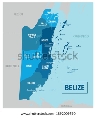 Belize country political map. Detailed vector  illustration with isolated provinces, states, regions, departments, islands and cities easy to ungroup. 