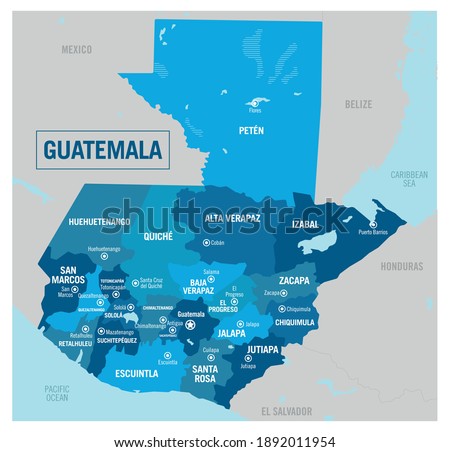 Guatemala country political map. Detailed vector illustration with isolated provinces, states, regions, departments, and cities easy to ungroup. 