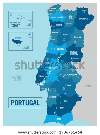 Portugal country political map. Detailed vector illustration with isolated states, regions, islands and cities easy to ungroup. 
