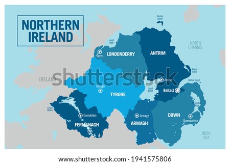 Northern Ireland country political map. Detailed vector illustration with isolated provinces, departments, regions, counties, cities and states easy to ungroup.