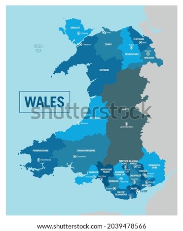 Wales, United Kingdom country region political map. High detailed vector illustration with isolated provinces, departments, regions, counties, cities and states easy to ungroup.