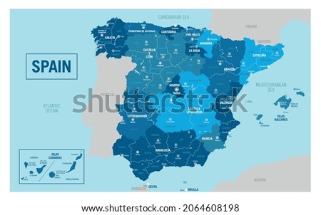Spain country political administrative map. Detailed vector illustration with isolated states, regions, islands, cities and all provinces easy to ungroup. 