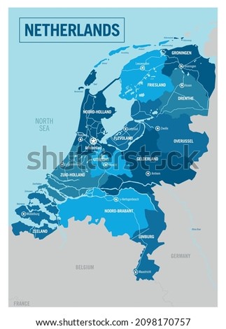 Netherlands, Holland country political map. Detailed vector illustration with isolated provinces, departments, regions, counties, cities and states easy to ungroup.