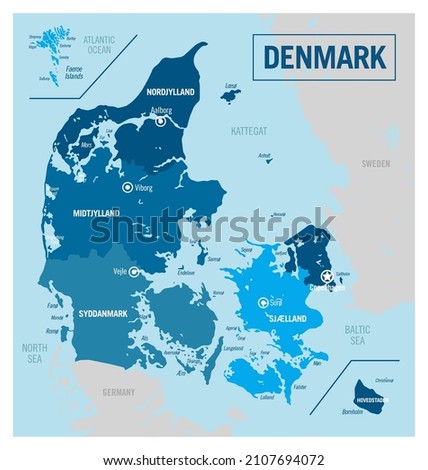 Denmark country political map. Detailed vector illustration with isolated provinces, departments, regions, counties, cities, islands and states easy to ungroup.