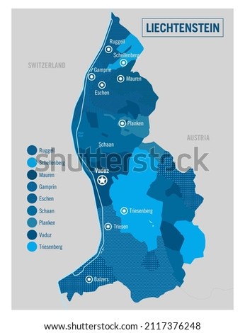 Liechtenstein country political map. Detailed vector illustration with isolated states, regions and cities easy to ungroup. 
