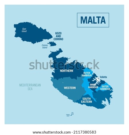 Malta island country political map. Detailed vector illustration with isolated states, regions, islands and cities easy to ungroup. 