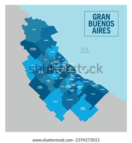 Greater Buenos Aires, Gran Buenos Aires city political map, Argentina. City and metropolitan area of the capital city. Detailed vector illustration with isolated departments easy to ungroup.