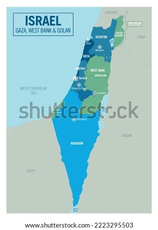 Israel country political map, including Golan Heights, West Bank and Gaza Strip. Detailed vector illustration with isolated provinces, departments, regions, cities, and states easy to ungroup.