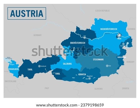 Austria country political map. Europe. Detailed vector illustration with isolated provinces, departments, regions, cities and states easy to ungroup.