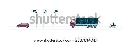Traffic surveillance cameras filming next to a road with vehicles passing by. Technology, transport. Flat style colorful vector illustration isolated on white background.