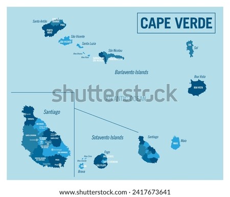 Cape Verde country political map. Detailed vector illustration with isolated provinces, departments, regions, cities, islands and states easy to ungroup.