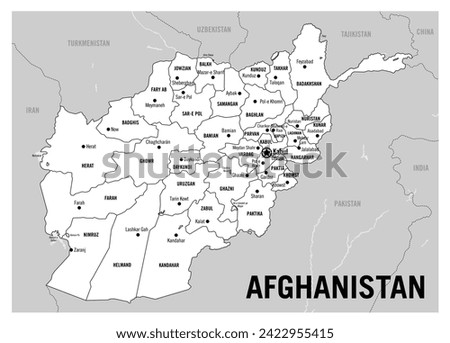 Afghanistan country white political map. Detailed vector illustration with isolated provinces, departments, regions, cities and states easy to ungroup.