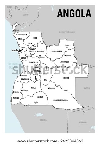 Angola country white political map. Africa. Detailed vector illustration with isolated provinces, departments, regions, cities, islands and states easy to ungroup.