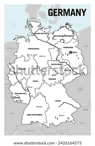 Germany country white political map. Detailed vector illustration with isolated provinces, departments, regions, counties, cities, islands and states easy to ungroup.