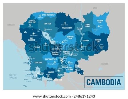 Cambodia country political map. Asia. Detailed vector illustration with isolated states, regions, islands and cities easy to ungroup. 