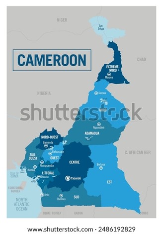 Cameroon country political map. Africa. Detailed vector illustration with isolated states, regions, islands and cities easy to ungroup. 