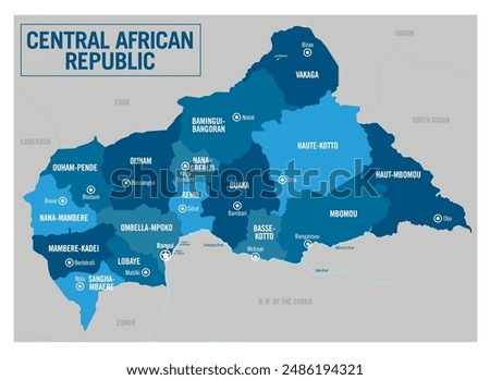 Central African Republic country political map. Africa. Detailed vector illustration with isolated states, regions, islands and cities easy to ungroup. 