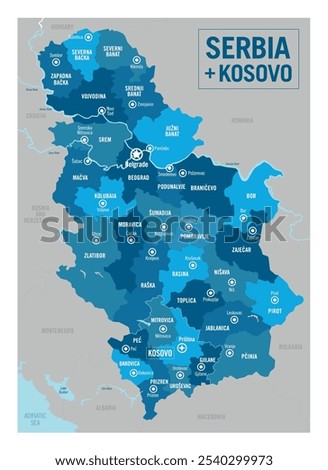 Serbia and Kosovo country political map. Detailed vector illustration with isolated provinces, departments, regions, counties, cities and states easy to ungroup.