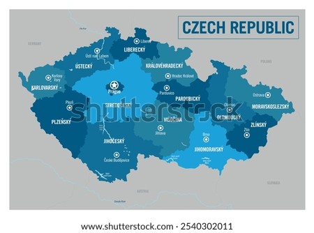 Czech Republic country political map. Europe. Detailed vector illustration with isolated provinces, departments, regions, cities and states easy to ungroup.