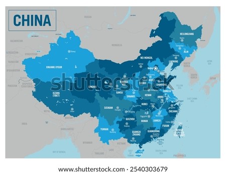 China country political map. Asia. Detailed vector illustration with isolated provinces, departments, regions, cities, islands and states easy to ungroup.