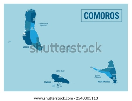 Comoros island country political map. Africa. Detailed vector illustration with isolated provinces, departments, regions, cities, islands and states easy to ungroup.