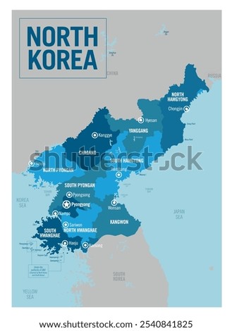 North Korea country political map. Asia. Detailed vector illustration with isolated provinces, departments, regions, cities, and states easy to ungroup.