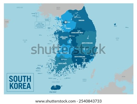 South Korea country political map. Asia. Detailed vector illustration with isolated provinces, departments, regions, cities, and states easy to ungroup.