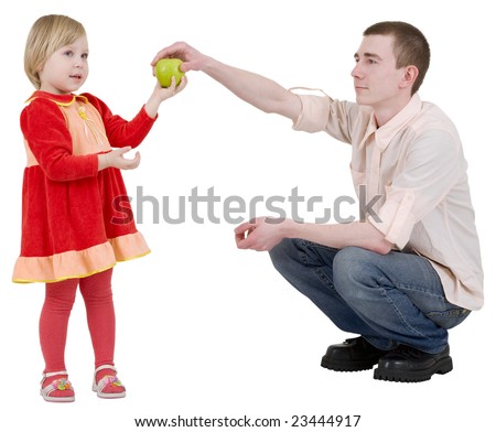 Man give green apple to the girl on white