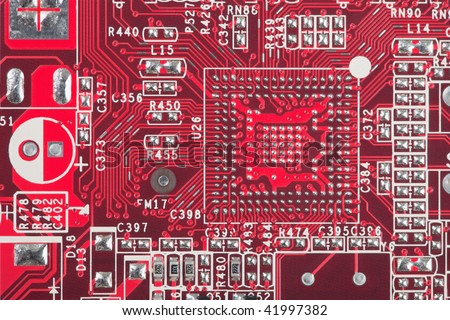 Background from red circuit board close up