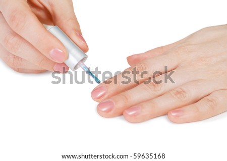 Female hands on white. Nail polish drawing.