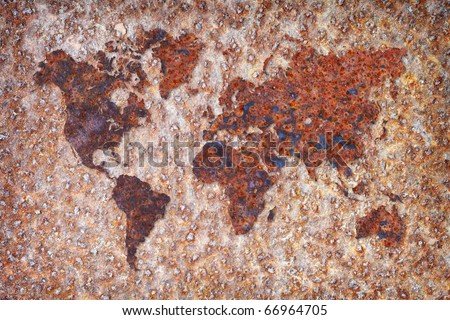 The world map formed by corrosion stains on metal