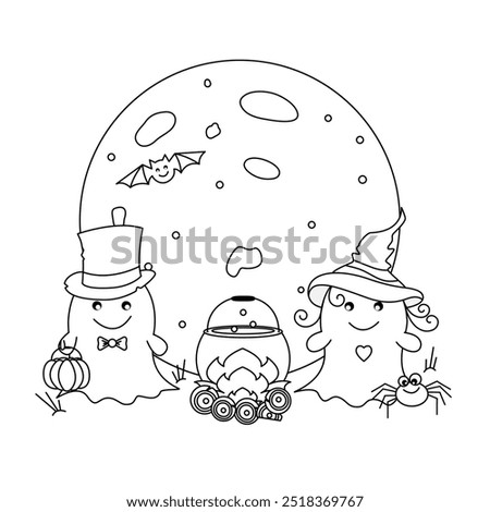 Two ghosts in hats and a spider sit near a fire with a cauldron in which a potion is brewing against a backdrop of a huge moon. Colouring for children on the theme of Halloween in flat technique. 