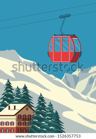 Ski resort with red gondola lift, chalet, winter mountain landscape, snowy peaks and slopes. Alps travel retro poster, vintage banner. Vector flat illustration.