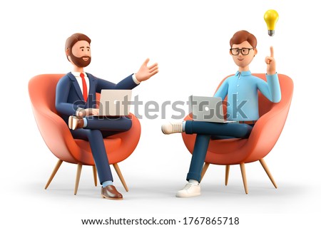 3D illustration of startup concept and business agreement. Two men with laptops,  sitting in armchairs and creating new innovation ideas. Cartoon man with bulb overhead and investing businessman.