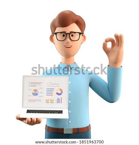3D illustration of smiling man with ok gesture showing business charts at screen laptop computer. Cartoon businessman with okay sign, working in office and analysing infographic, isolated on white.