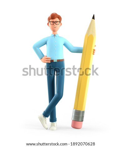 3D illustration of smiling creative man holding big pencil and generating ideas. Cartoon standing businessman, writer, journalist, copywriter, author, artist, isolated on white background.