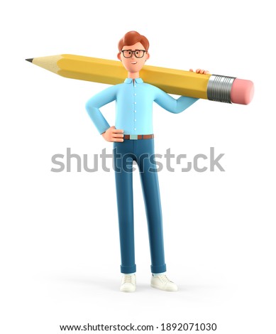3D illustration of smiling creative man holding big pencil on shoulder and generating ideas. Cartoon standing businessman, writer, designer, author, student, isolated on white background.