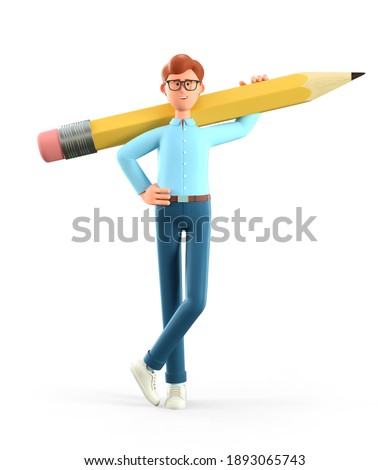 3D illustration of smiling creative man holding big pencil on shoulder and generating ideas. Cartoon standing businessman, team leader, student, isolated on white background.