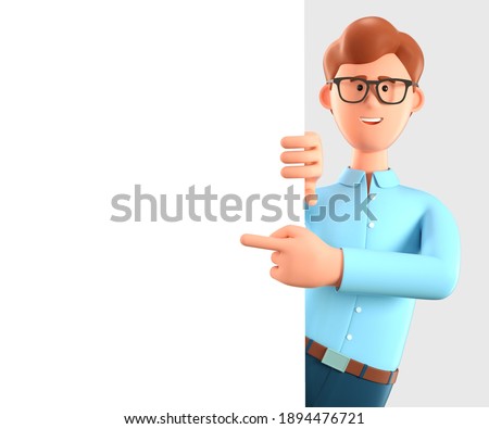 3D illustration of happy man pointing finger at blank presentation or information board. Close up portrait of cute cartoon smiling businessman with advertising placard. 