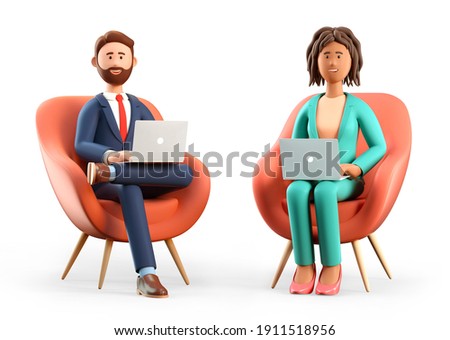 3D illustration of smiling bearded man and african american woman using laptops and sitting in chairs. Cute cartoon businessman and businesswoman working in office, isolated on white background.
