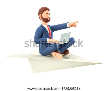 3D illustration of bearded creative man with laptop flying on a huge paper airplane. Cartoon smiling businessman in yoga lotus position pointing forward with hand, isolated on white background.