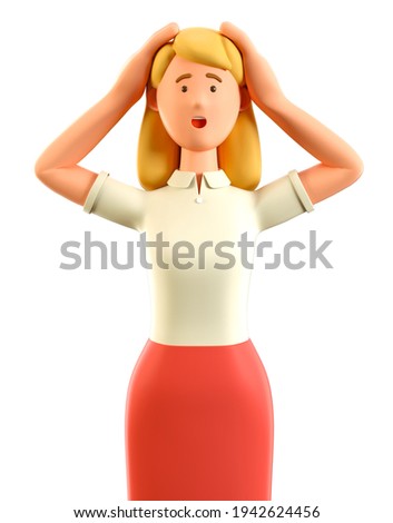3D illustration of confused beautiful blonde woman with open mouth clutching her head and panicking. Close up portrait of disappointed attractive businesswoman in red skirt feeling fear or stress.