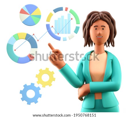 3D illustration of african american woman pointing finger at charts, diagrams, infographics and graph dashboard. Cute cartoon businesswoman generating ideas, analytics, business strategy.
