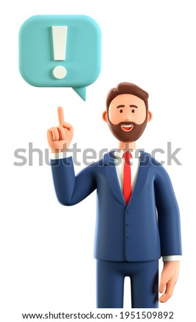 3D illustration of creative man pointing finger at exclamation mark in speech bubble. Cartoon smiling businessman solving problems, feeling satisfaction and joyful. Searching and finding a solution.