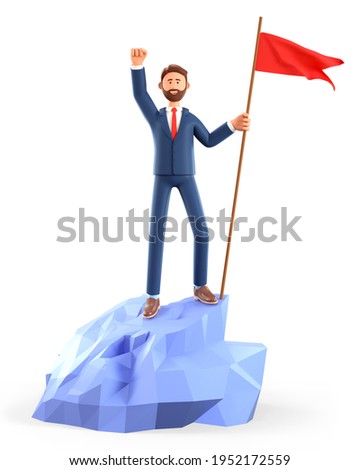 3D illustration of smiling man hoisting a red flag on the top mountain. Cute cartoon happy businessman throwing his hand up reaching goals. Objective attainment. Peak of success, leadership concept. 
