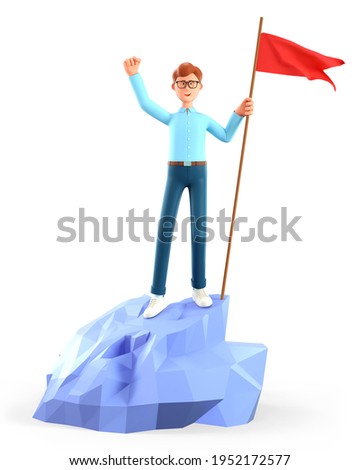 3D illustration of cheerful man hoisting a red flag on the top mountain. Cute cartoon happy businessman throwing his hand up reaching goals. Peak of success, leadership, objective attainment concept.