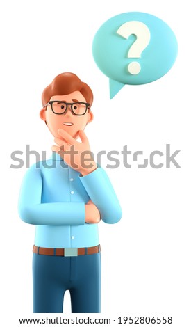 3D illustration of thinking man with question mark in speech bubble. Cute cartoon pensive businessman solving problems, feeling doubt or hesitation. Searching and finding a solution concept.