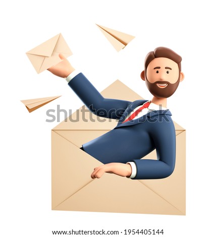 3D illustration of cartoon man in a huge postal envelope holding a mail letter. Flying paper airplanes and smiling businessman. Email service, social network, message receiving and sending concept.